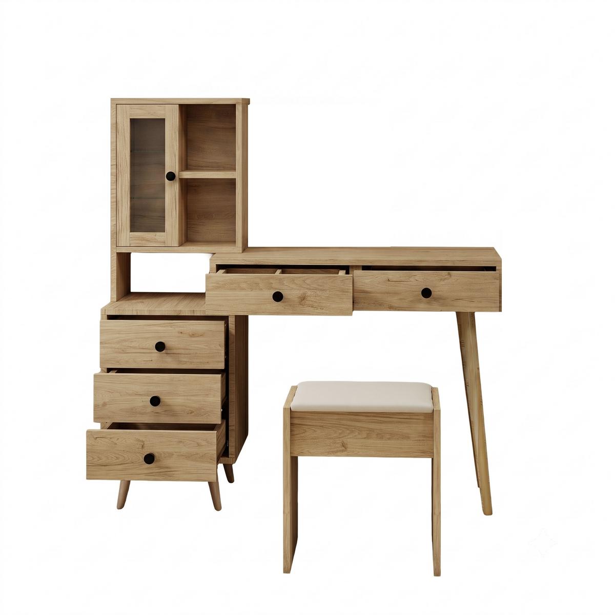 SCHMINKTISCH mit Hocker Naturholzoptik mit versenkbarem Spiegel, 5 Schubladen - Naturfarben, Holzwerkstoff (123/120/40cm) - Urban Meuble
