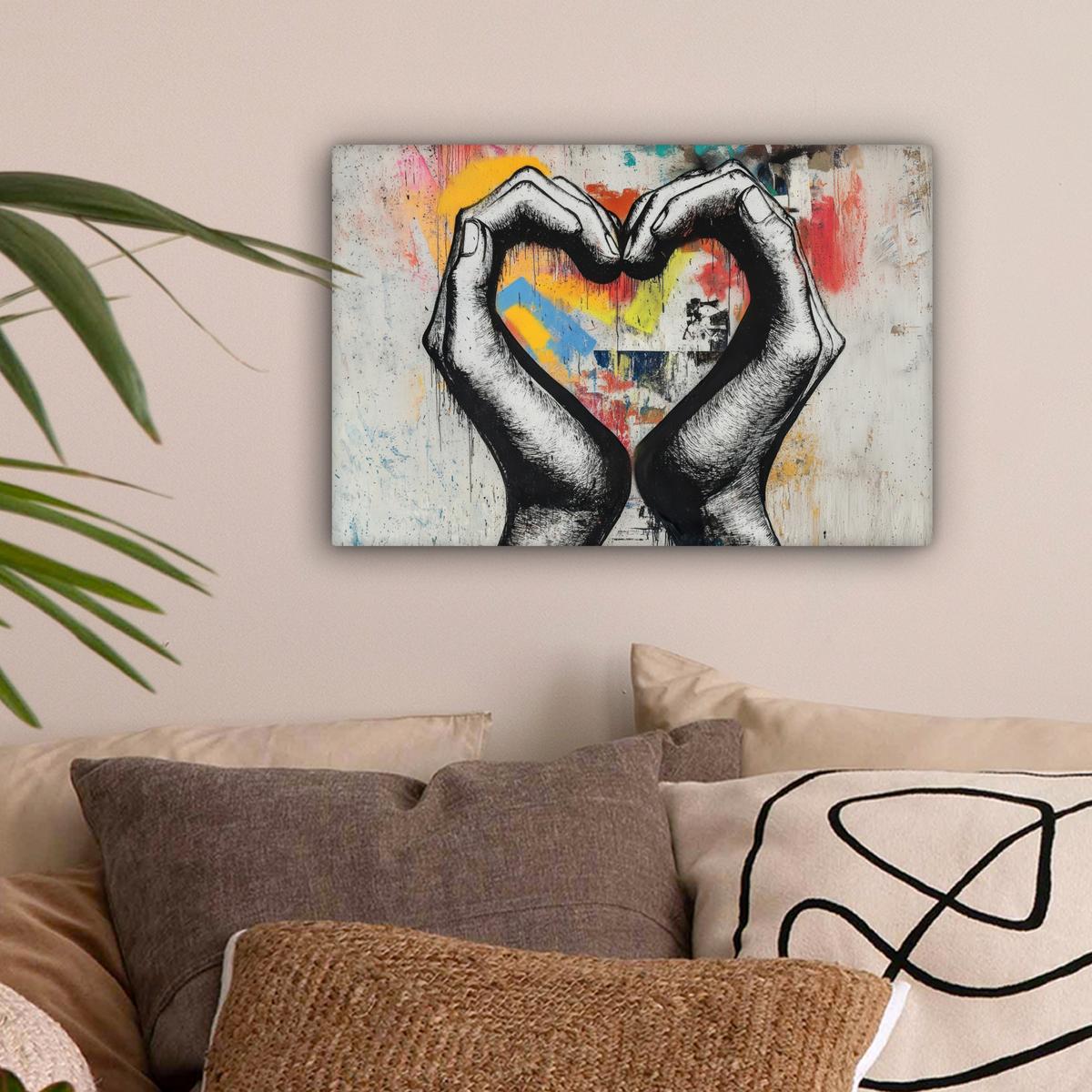 LEINWANDBILD Hände - Herz - Straßenkunst - Graffiti Deko Schlafzimmer 30x20 cm - Multicolor, Textil (30/20cm) - MuchoWow