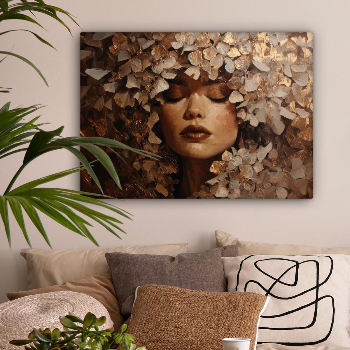 LEINWANDBILD Gesicht - Dame - Blätter - Pinselstriche Wandbilder 80x60 cm - Goldfarben, Textil (80/60cm) - MuchoWow