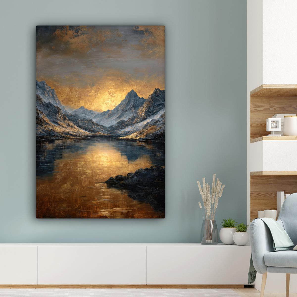 LEINWANDBILD Bergkulisse mit goldenem Sonnenuntergang Deko Groß 90x140 cm - Goldfarben, Textil (90/140cm) - MuchoWow