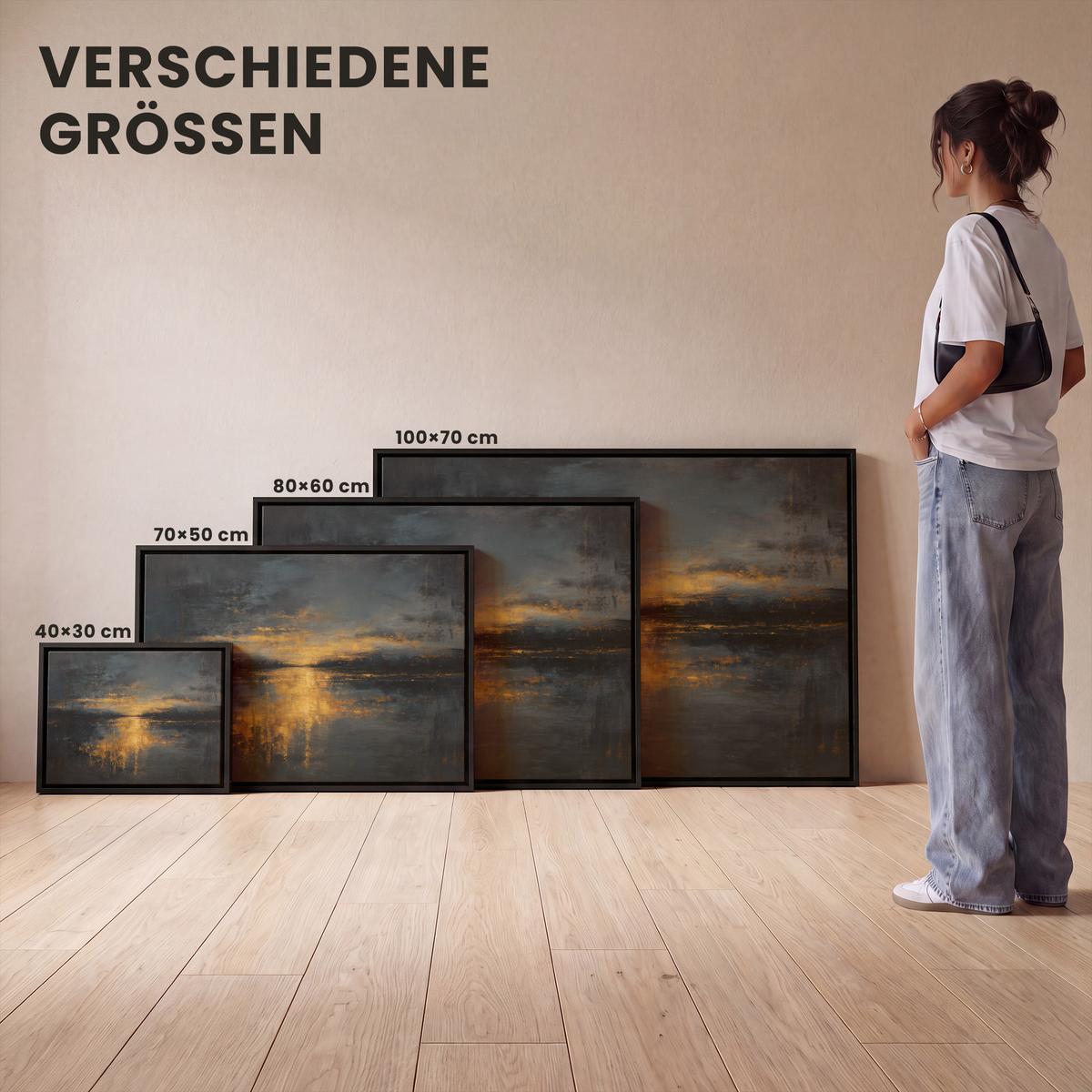 LEINWAND Bilder mit Rahmen - Goldene Reflexion auf dem Wasser - 100x70 - Anthrazit, Textil (100/70cm) - MuchoWow