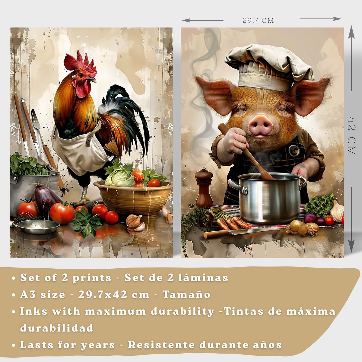POSTER 2er Set Küchen-Wandbilder Hahn und Schwein Koch Aquarell Illustration Esszimmer Wanddeko Rahmenlos A3 - Schwarz, Papier (29.7/1/42cm) - Nacnic