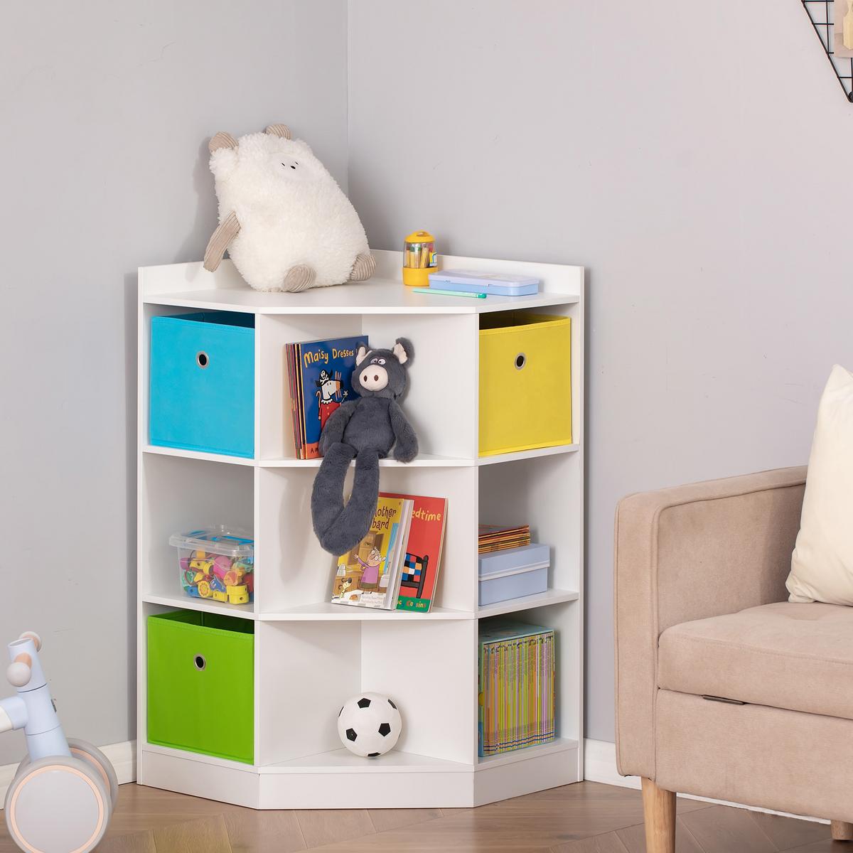 KINDERREGAL Eckregal mit 3 Aufbewahrungsboxen Kinderzimmer Spielzeugablage Weiß - Weiß, Holzwerkstoff (57.4/94/57.4cm) - HOMCOM