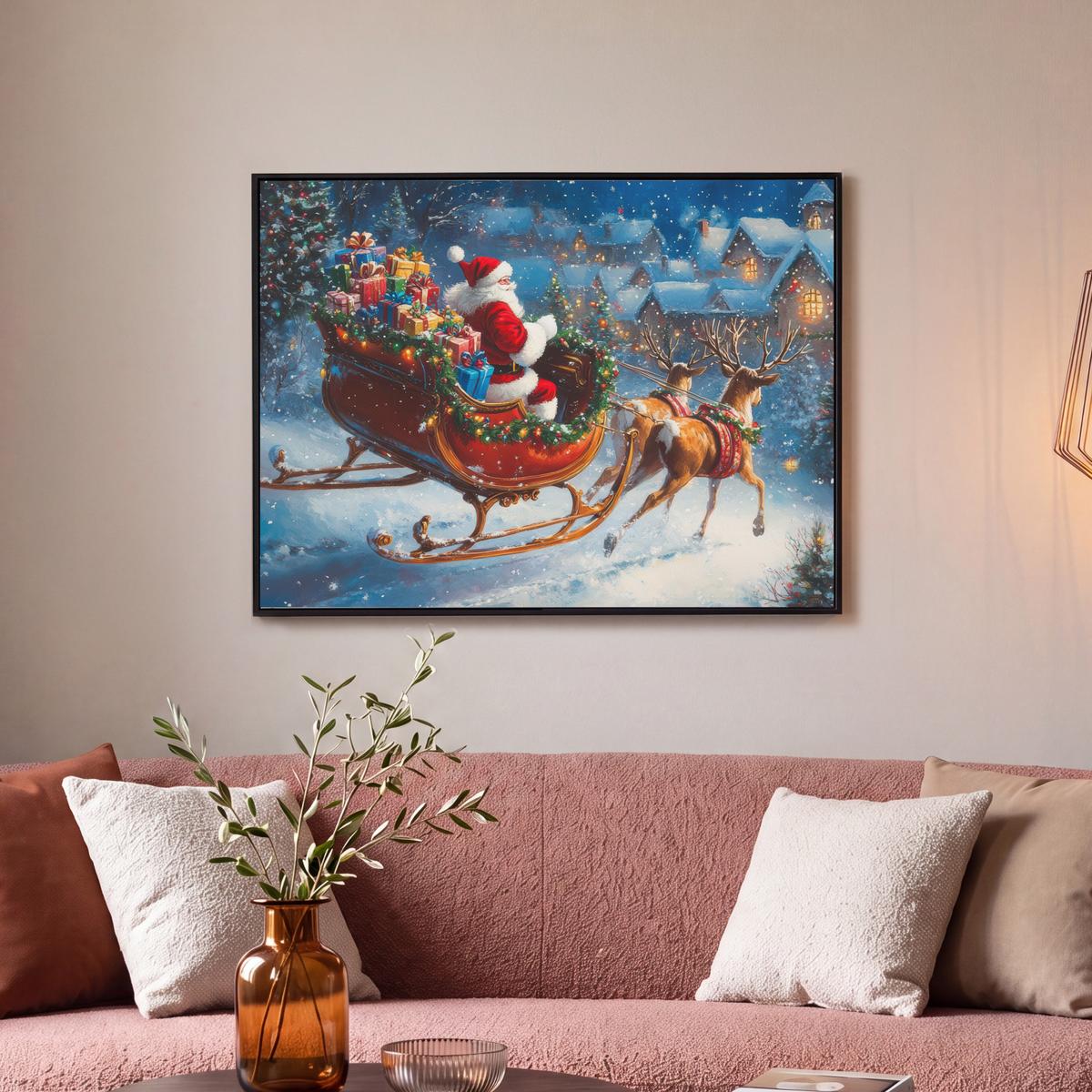 LEINWAND Bilder mit Rahmen - Weihnachtsmann - Rentier - Weihnachten - Schnee - 80x60 - Cognac, Textil (80/60cm) - MuchoWow