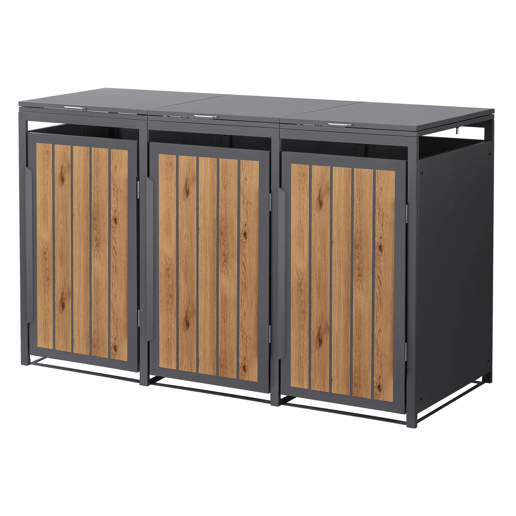 MÜLLTONNENBOX 3er 240L 196x80x120 cm Anthrazit-Eiche hell aus Stahl - Hellbraun, Metall (80/120/196cm) - ML-DESIGN