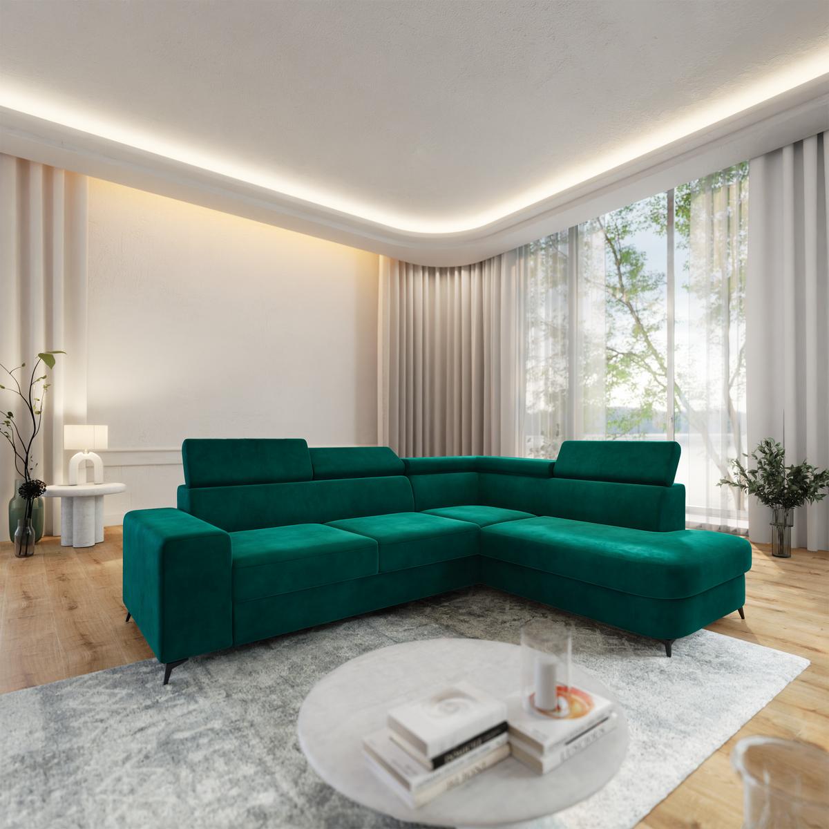 ECKSOFA ALVORO R-S Grün Velours-Stoff mit Schlaffunktion - Grün, Holz (253/190cm) - MASSENO