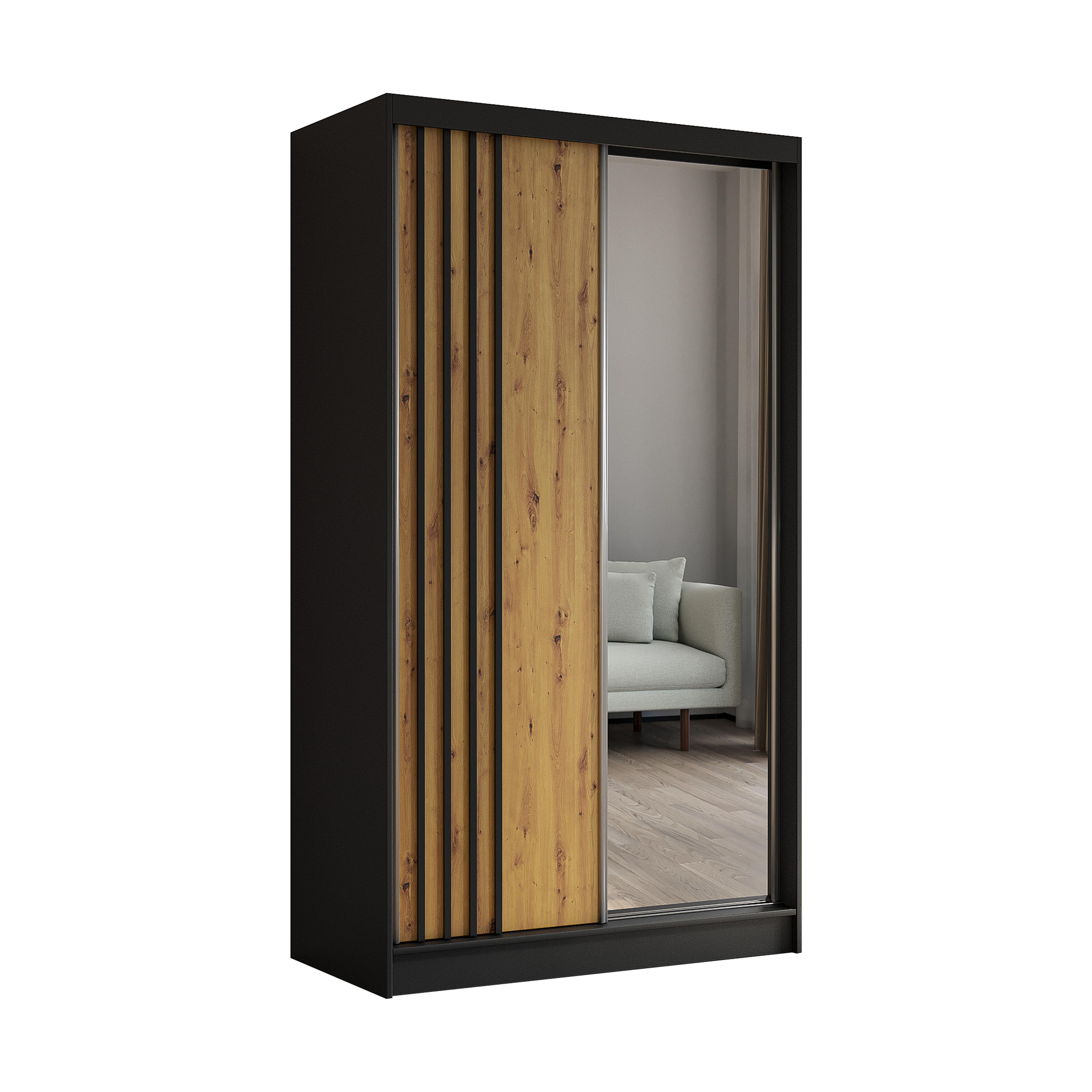 KLEIDERSCHRANK mit Spiegel-Schiebetüren und Aluminium-Leisten - NALLA - 120 cm Schwarz+Artisan+Schwarz - Schwarz/Eiche Artisan, Holzwerkstoff (120/216/61cm) - ALTDECOR