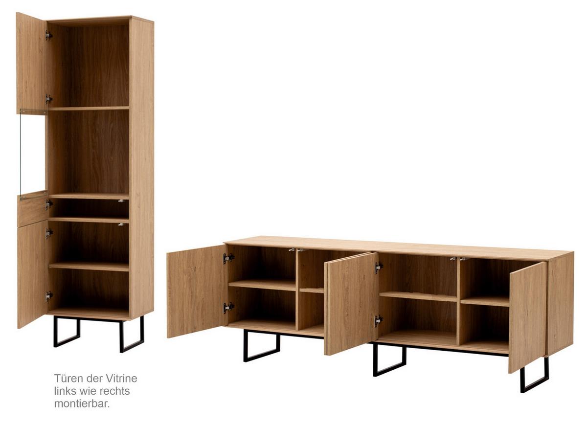 WOHNWAND Stone Eiche, Wohnzimmer Set mit TV Lowboard 200 cm und Vitrinenschrank, Push-Open-Funktion - Eichefarben/Schwarz, Holzwerkstoff/Metall (270/200/40cm) - Furn.Design