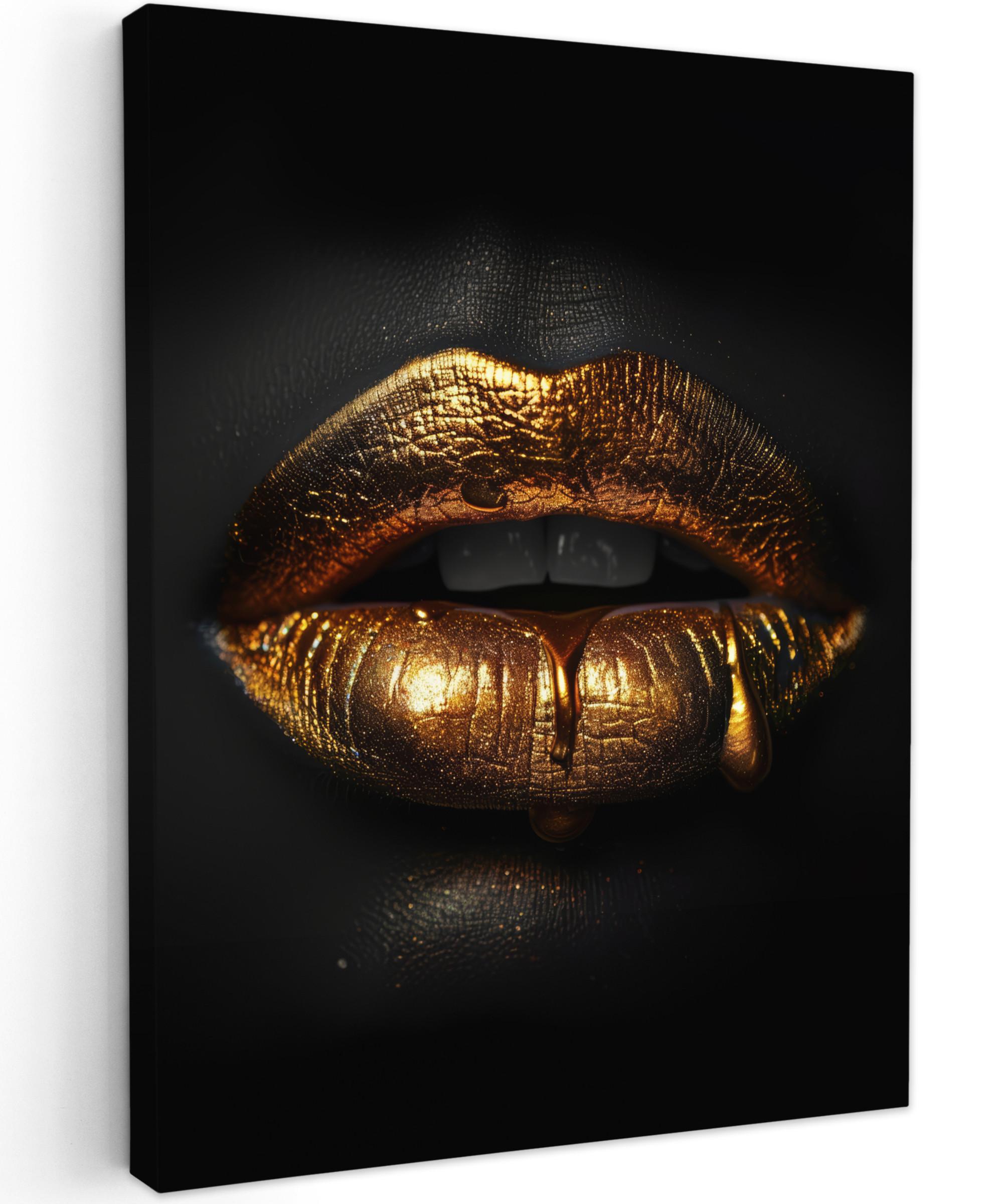 LEINWANDBILD Frau - Porträt - Lippen - Gold - Schwarz Wandbild Wohnzimmer 60x80 cm - Schwarz, Textil (60/80cm) - MuchoWow