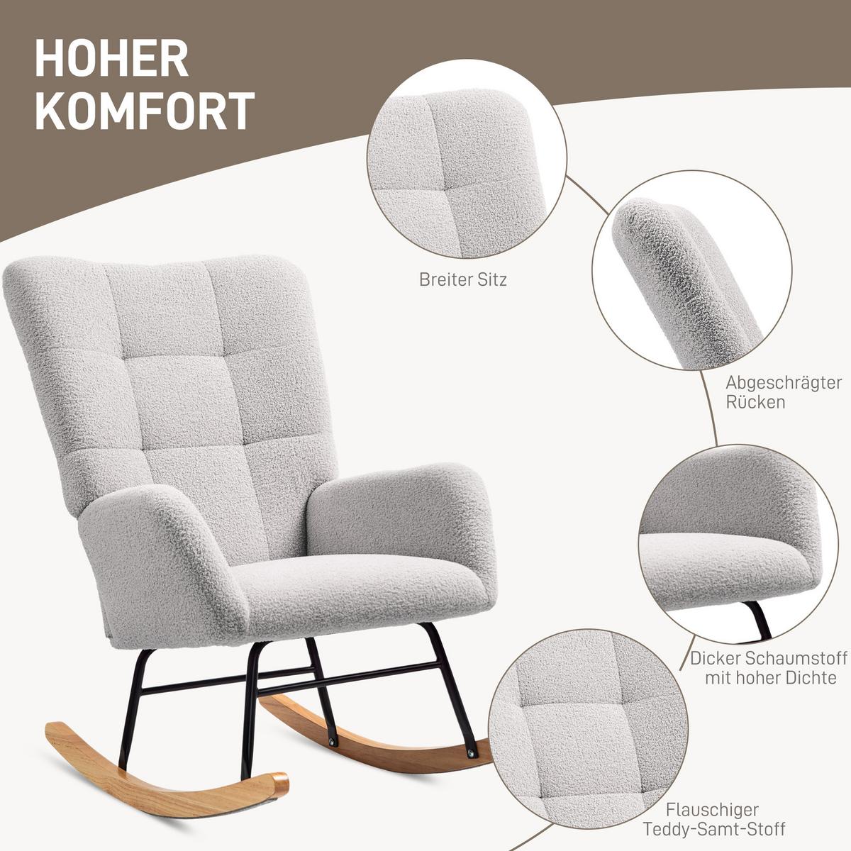 SCHAUKELSTUHL, Schaukelsessel mit Armlehne, Teddysamt-Optik, Hellgrau - Hellgrau/Naturfarben, Holz/Textil (70/100/94cm) - HOMCOM