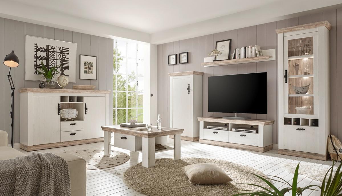 KOMMODE Pinie weiß, Oslo Pinie Landhaus, 71 x 146 cm - Anthrazit/Weiß, Holzwerkstoff/Metall (71/146/37cm) - Furn.Design
