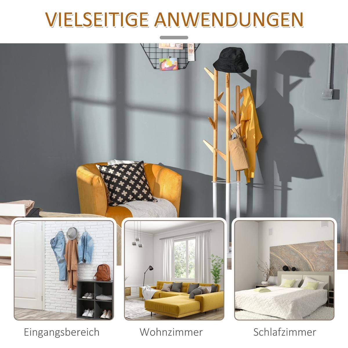 GARDEROBENSTÄNDER mit 12 Haken, Natur+Weiß 30,5 x 30,5 x 174,5 cm - Naturfarben, Naturmaterialien (30.5/174.5/30.5cm) - HOMCOM