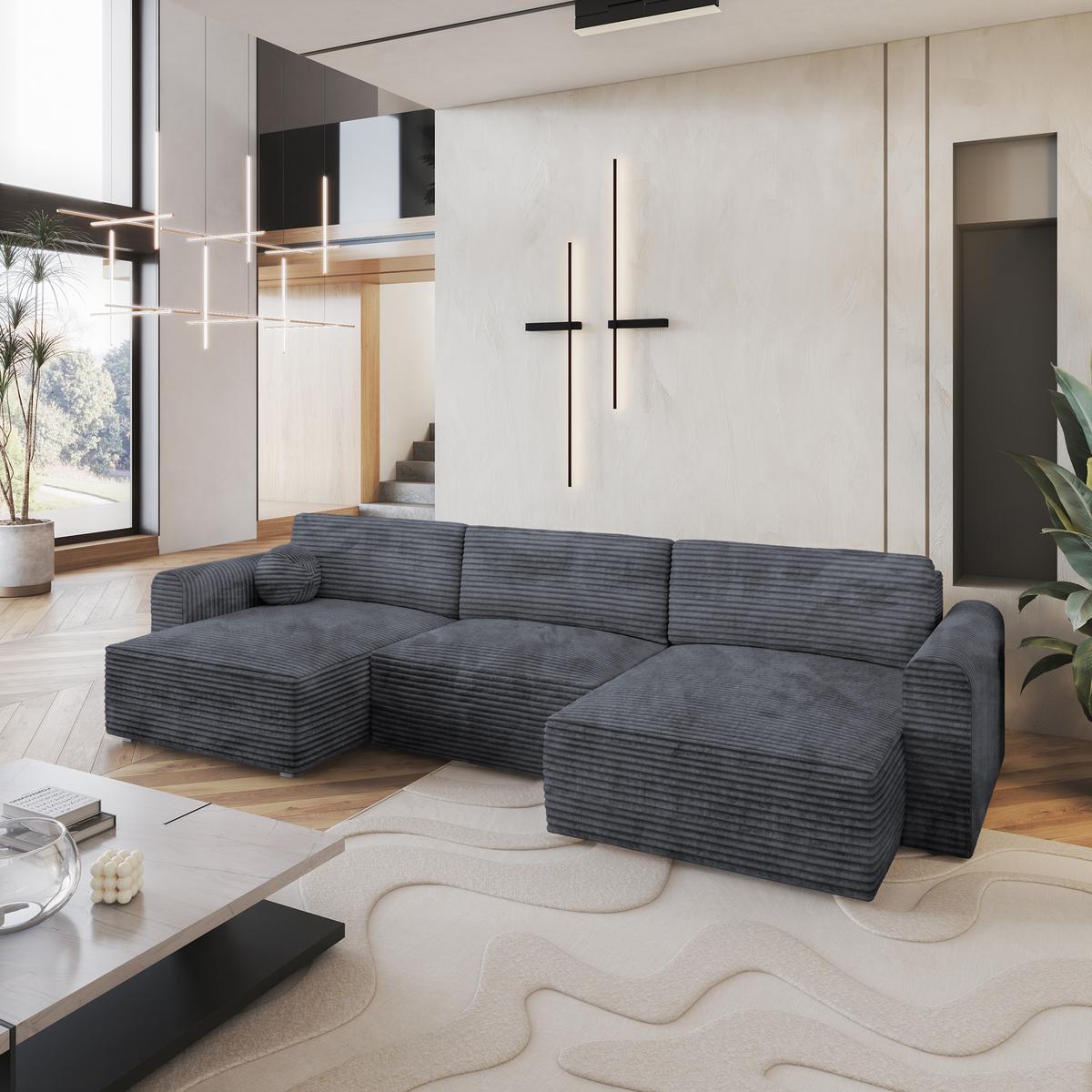 WOHNLANDSCHAFT FENTO Graphitfarben Kordstoff mit Schlaffunktion - Graphitfarben, Holz (347/90/148cm) - MASSENO