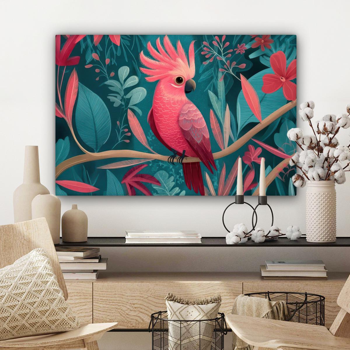 LEINWANDBILD Kakadu - Tropische Blätter - Zweig Gemälde 60x40 cm - Petrol, Textil (60/40cm) - MuchoWow