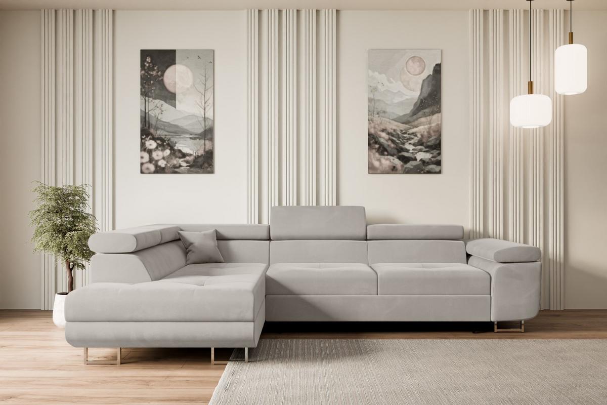 ECKSOFA mit Schlaffunktion und Bettkasten GUSA-L 272x202x107 cm Hellbraun Velours - Hellbraun/Silberfarben, Holzwerkstoff/Textil (202/272cm) - ALTDECOR