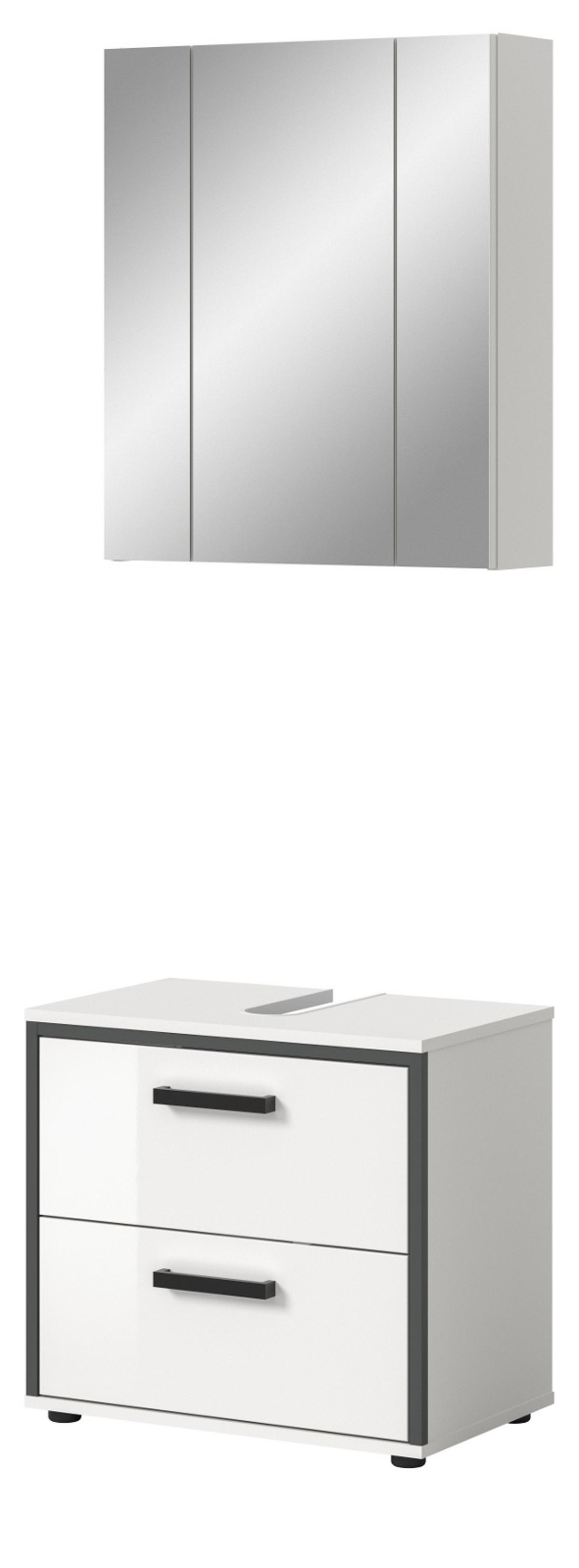 BADMÖBEL-SET 2-teilig weiß Hochglanz, grau, Badkombination 60 x 190 cm - Weiß Hochglanz/Schwarz, Glas/Holzwerkstoff (60/190/37.5cm) - Inn.Furn