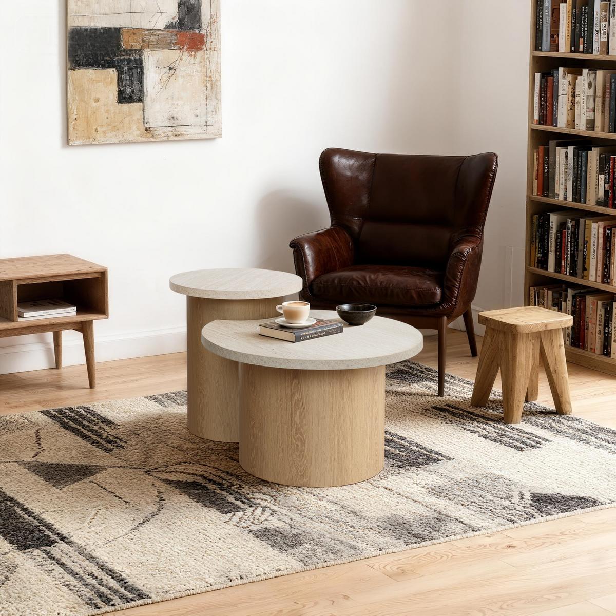 COUCHTISCH Rund 2er Set Holz mit Travertin-Optik, Ø60 & 40cm - Braun, Holzwerkstoff (60/85/47.5cm) - Hometopia