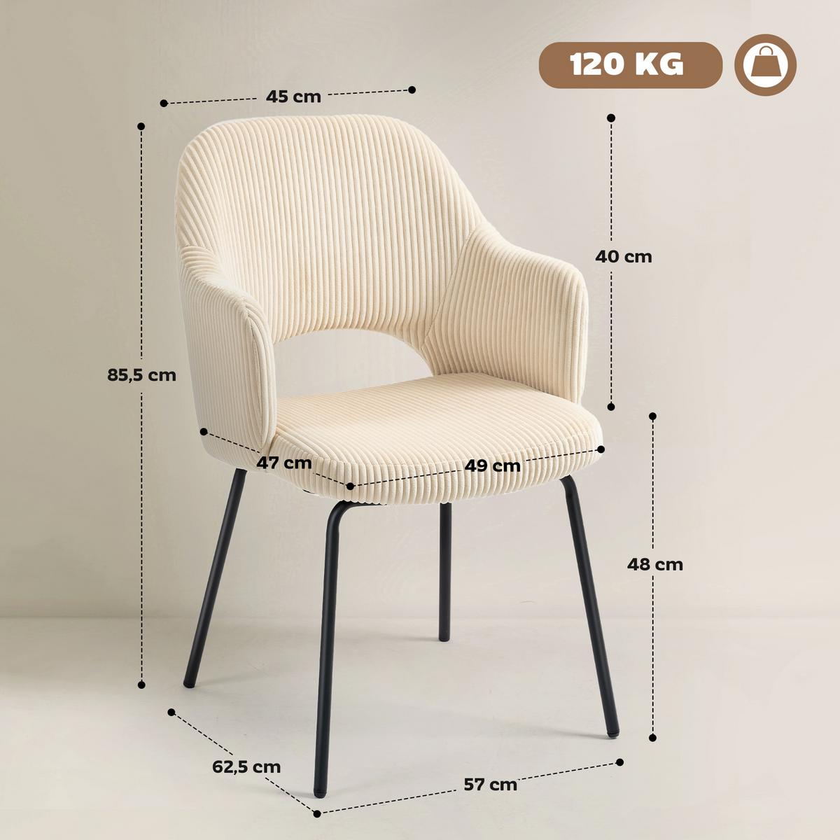 ESSZIMMERSTUHL mit Armlehne Rückenlehne gepolsterte Sitzfäche Beige - Beige/Schwarz, Textil/Metall (57/85.5/62.5cm) - HOMCOM