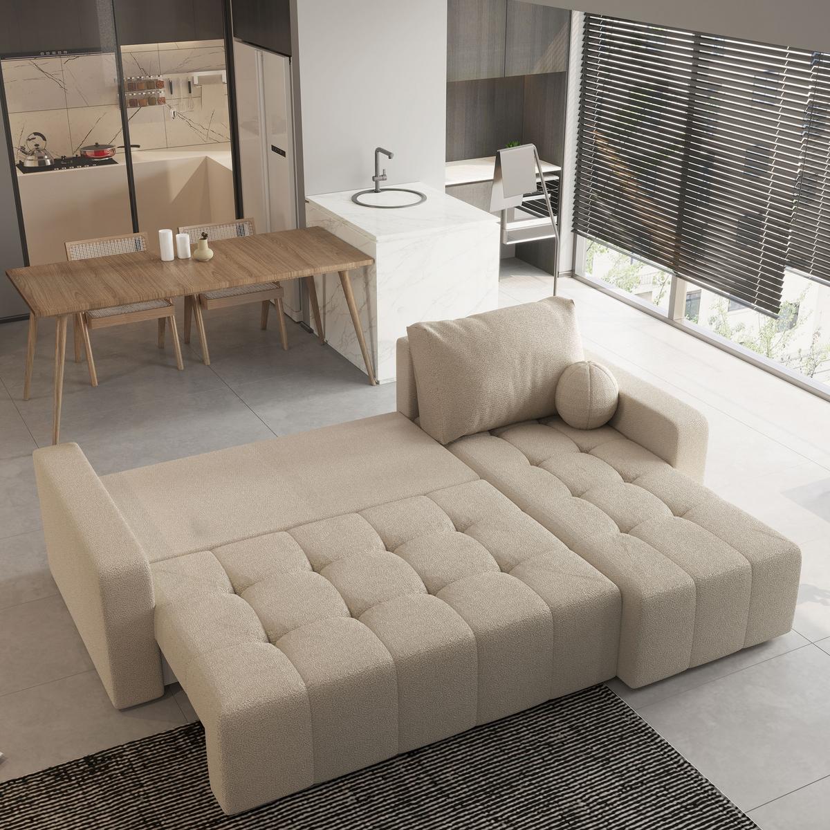 ECKSOFA VOLIRA Beige Boucle-Stoff mit Schlaffunktion - Beige, Holz (230/143cm) - MASSENO