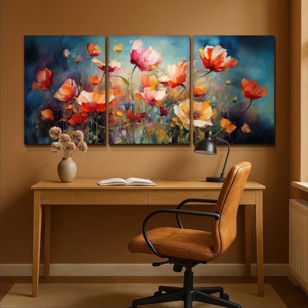 LEINWANDBILD 3er Set Blumen - Bunt - Abstrakt 180x80 cm - Blaugrau, Textil (180/80cm) - MuchoWow