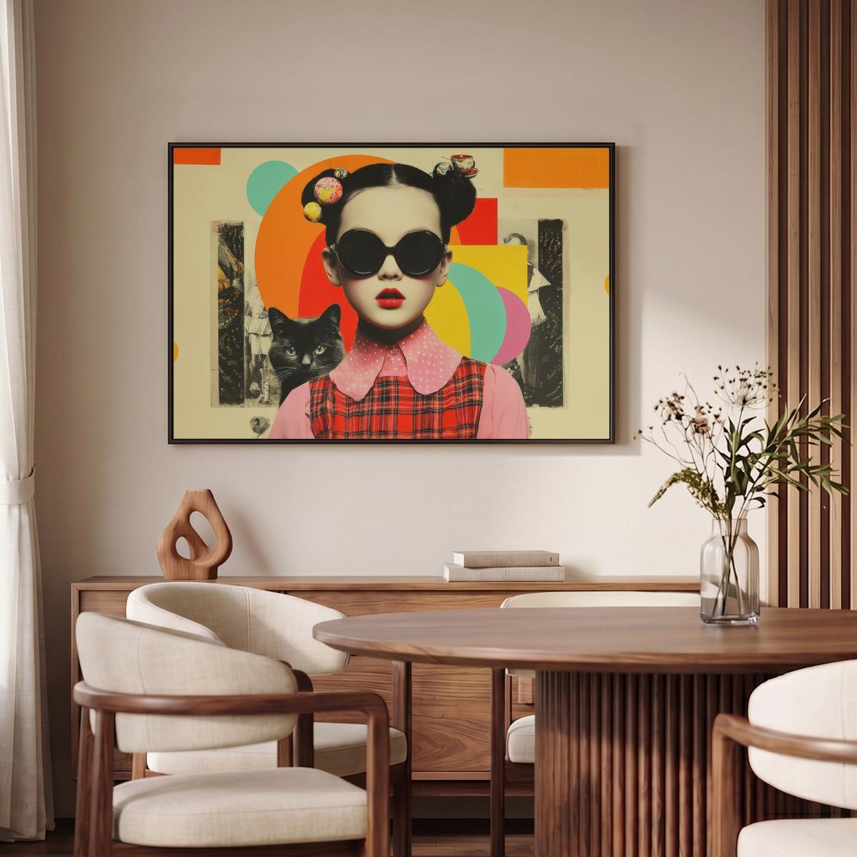 LEINWAND Bilder mit Rahmen - Mädchen - Sonnenbrille - Katze - Retro - 90x60 - Beige, Textil (90/60cm) - MuchoWow