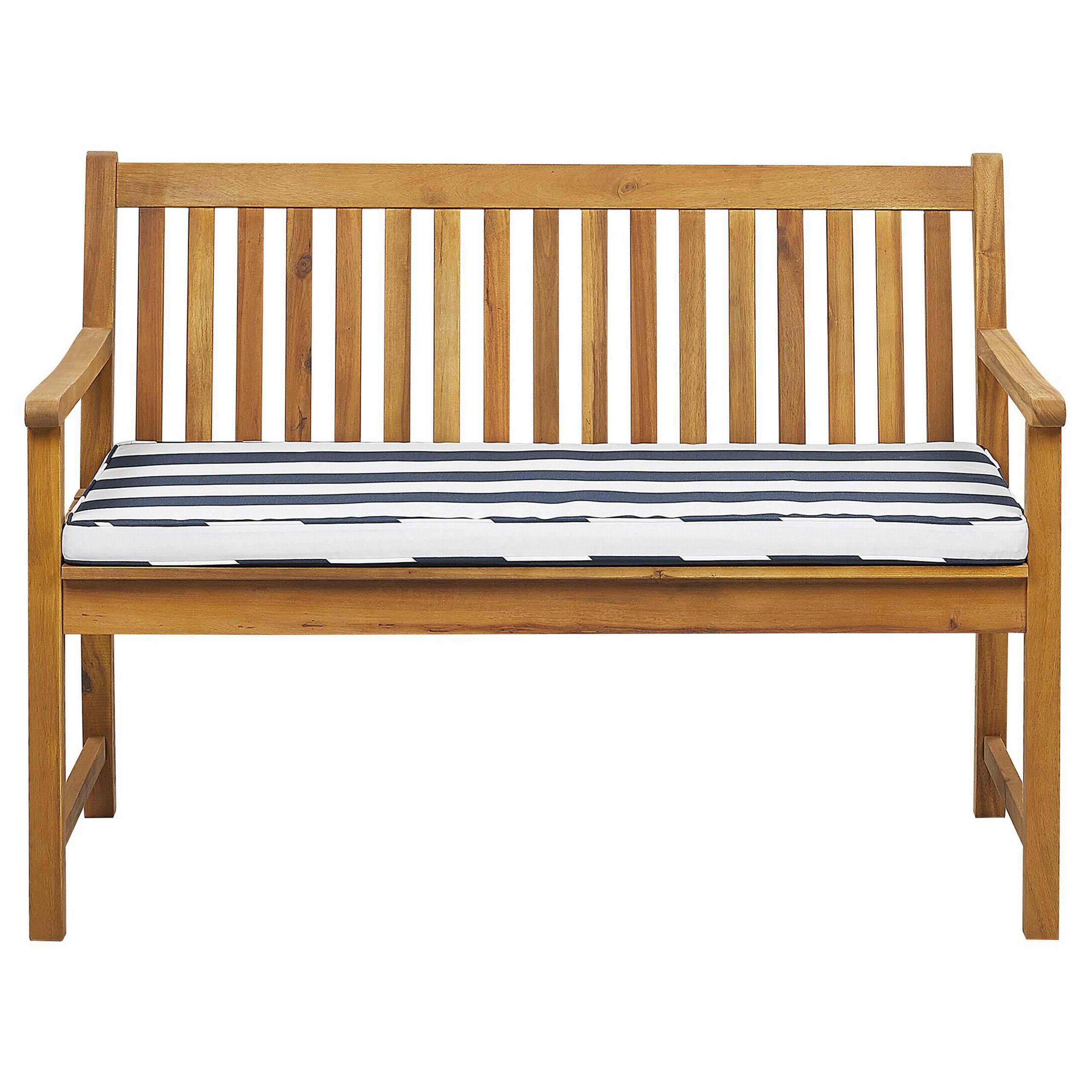GARTENBANK zertifiziertes Holz hellbraun Auflage blau gestreift 120 cm Vivara - Hellbraun/Blau, Holz (120/88/61cm) - Beliani