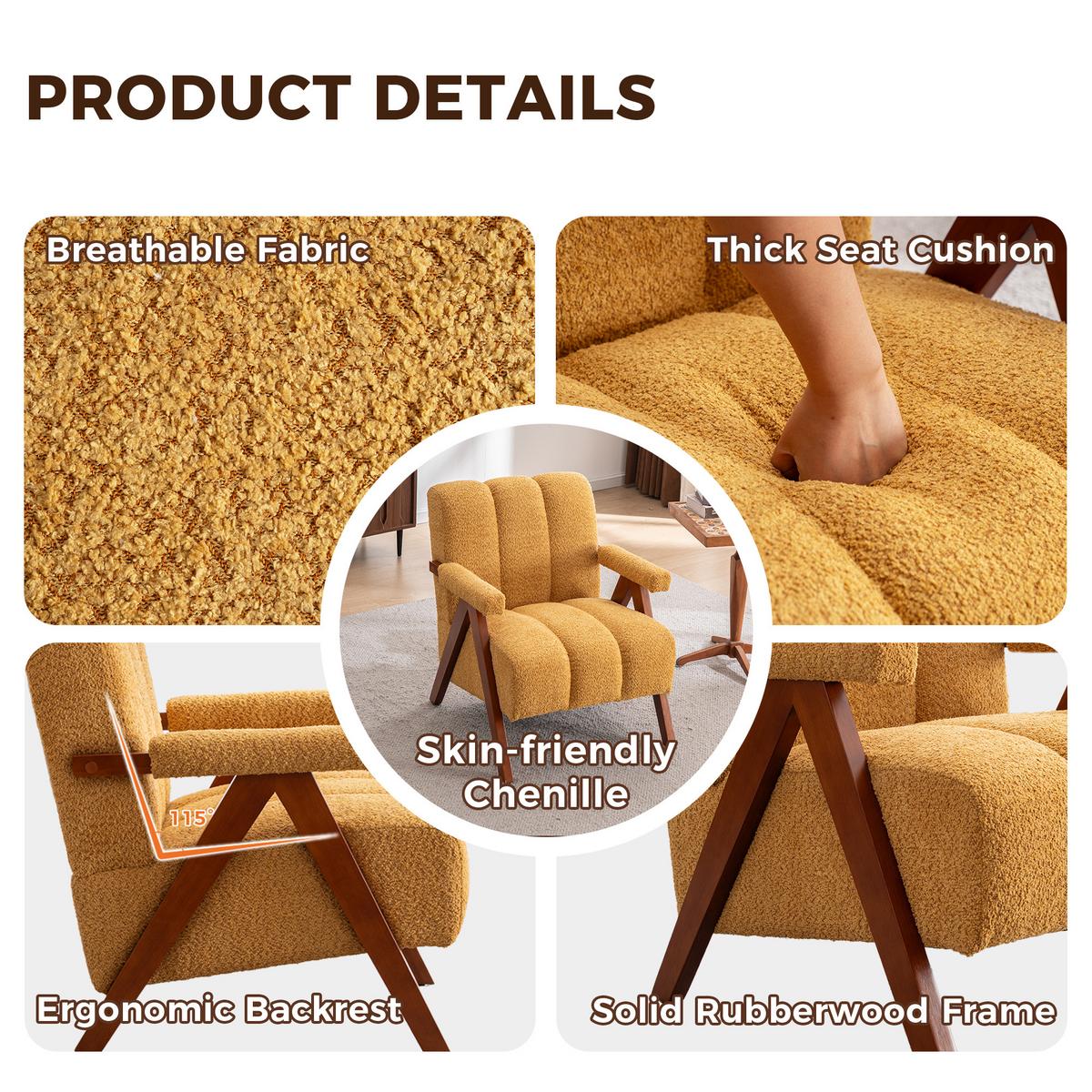 SESSEL aus bouclé und eichenholz, moderner akzentstuhl - Gelb, Holz (77/77/68.5cm) - Urban Meuble