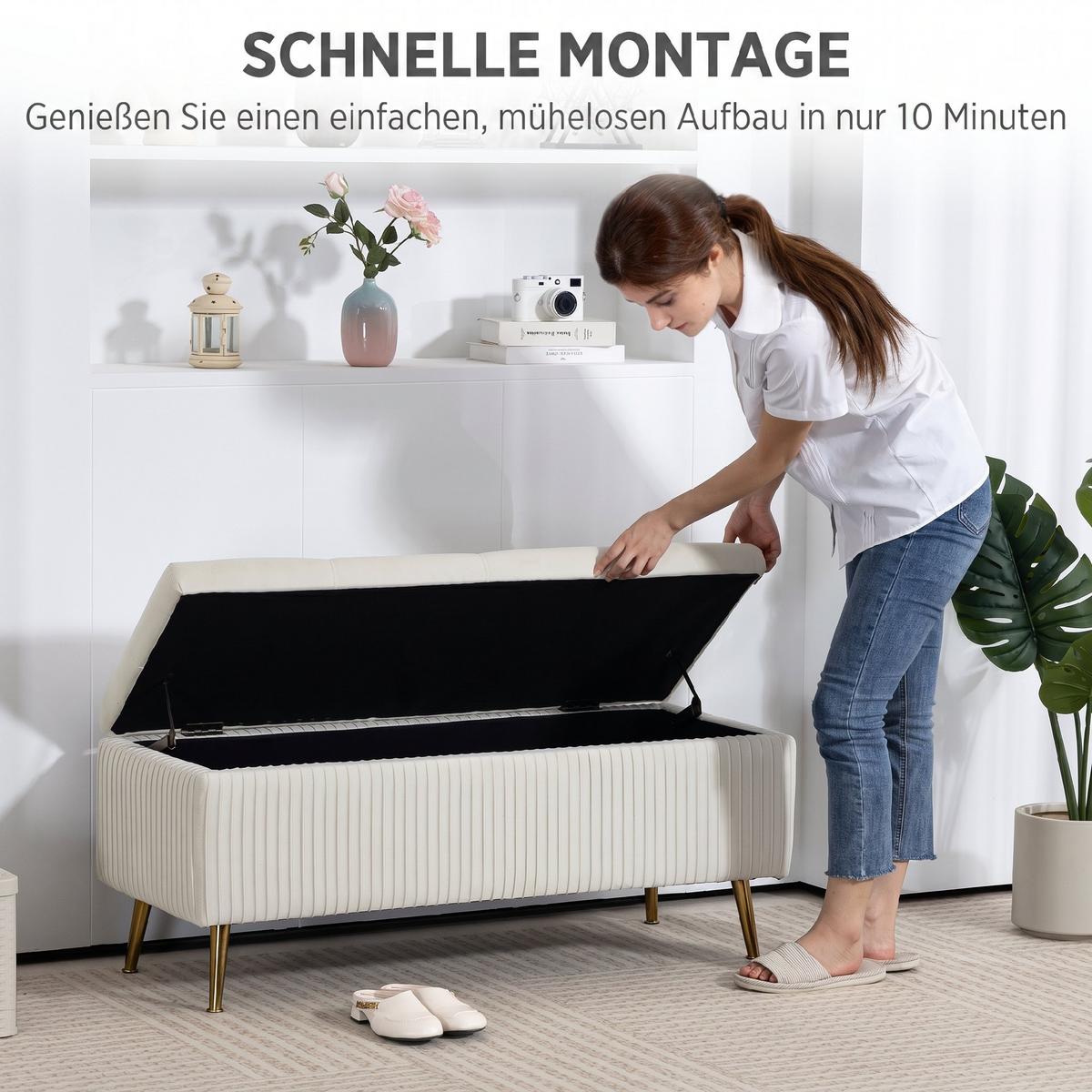 SITZTRUHE Mehrschichtholz Schaumstoff Samt Eisen Cremeweiß - Goldfarben/Creme, Textil/Metall (44.5/46/110cm) - HOMCOM