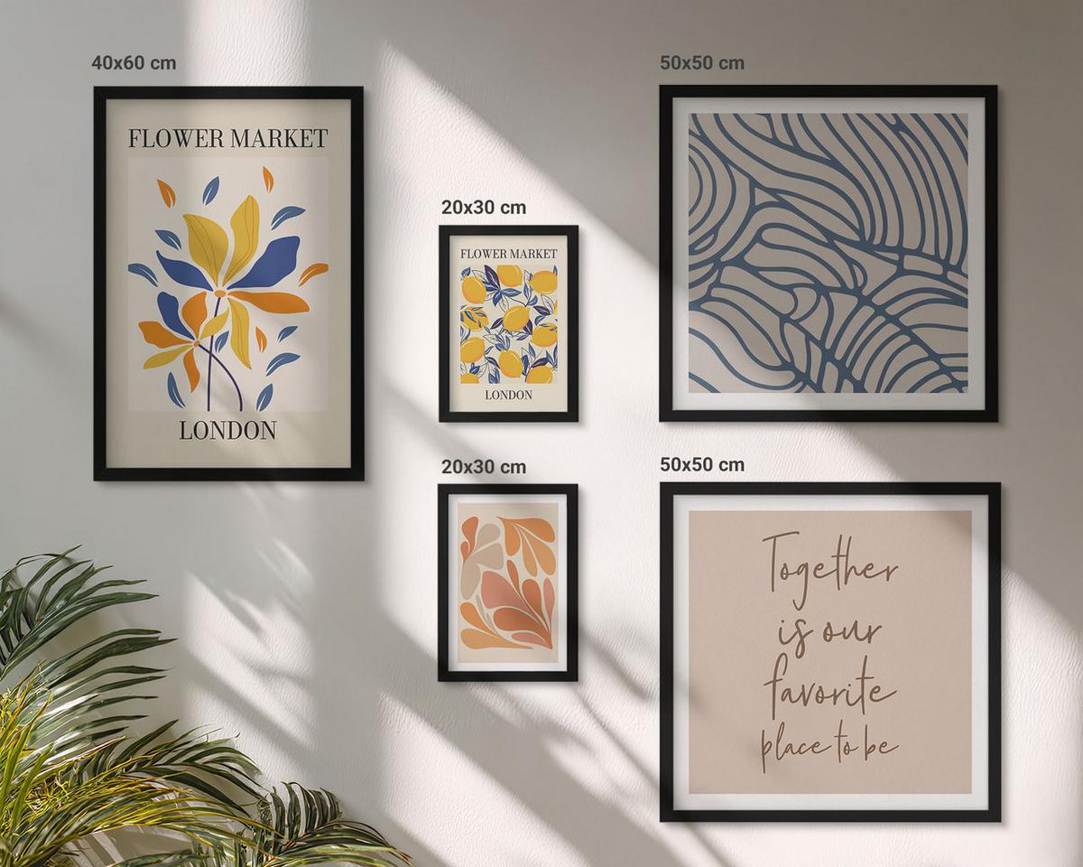 BILDER SET 5er Set - 50x50 cm & 20x30 cm & 40x60 cm Schwarzer Rahmen - Moderne abstrakte Blumen - Schwarz, Kunststoff (40/60cm) - TULUP