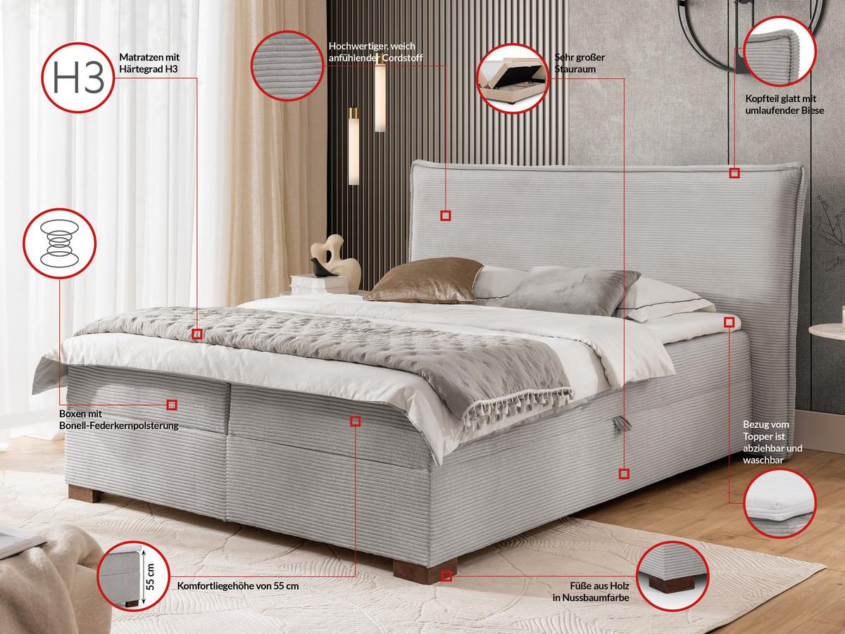 BOXBETT Lovetti II, Cord, H3 - Dunkelbraun/Hellgrau, Holz/Kunststoff (200/200cm) - S-Style Möbel