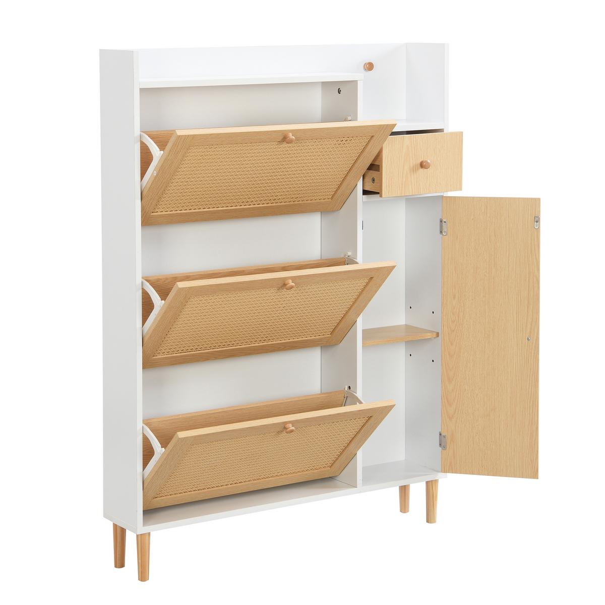 SCHUHESCHRANK Rattan Flach Weiß & Natur Mit 3 Kipp-Türen & 1 Schublade - Naturfarben, Holzwerkstoff (90/125/17cm) - Urban Meuble