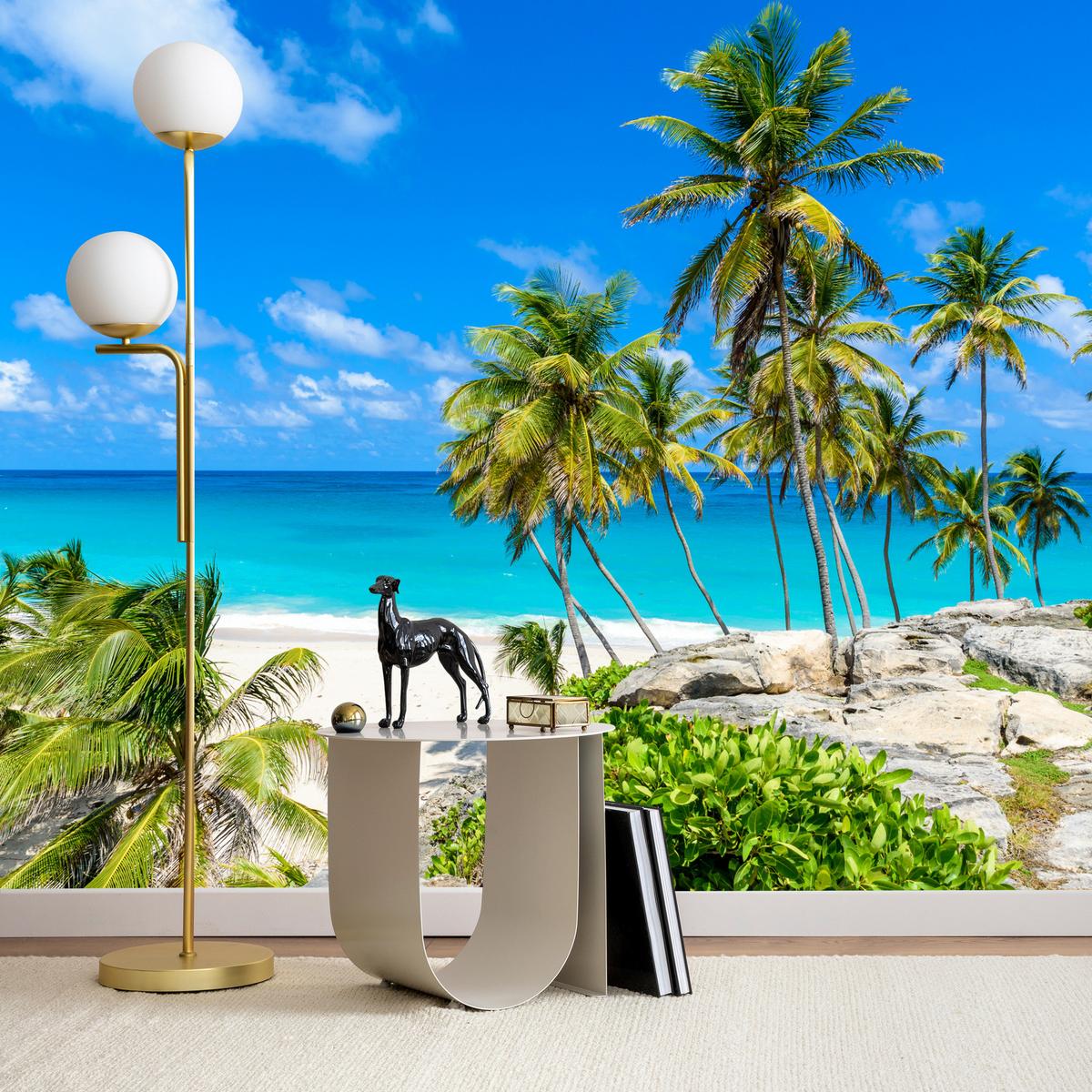 FOTOTAPETE Strand Palmen Ozean Landschaft 3D 300x210 - Blau/Beige, Papier (300/210cm) - Muralo