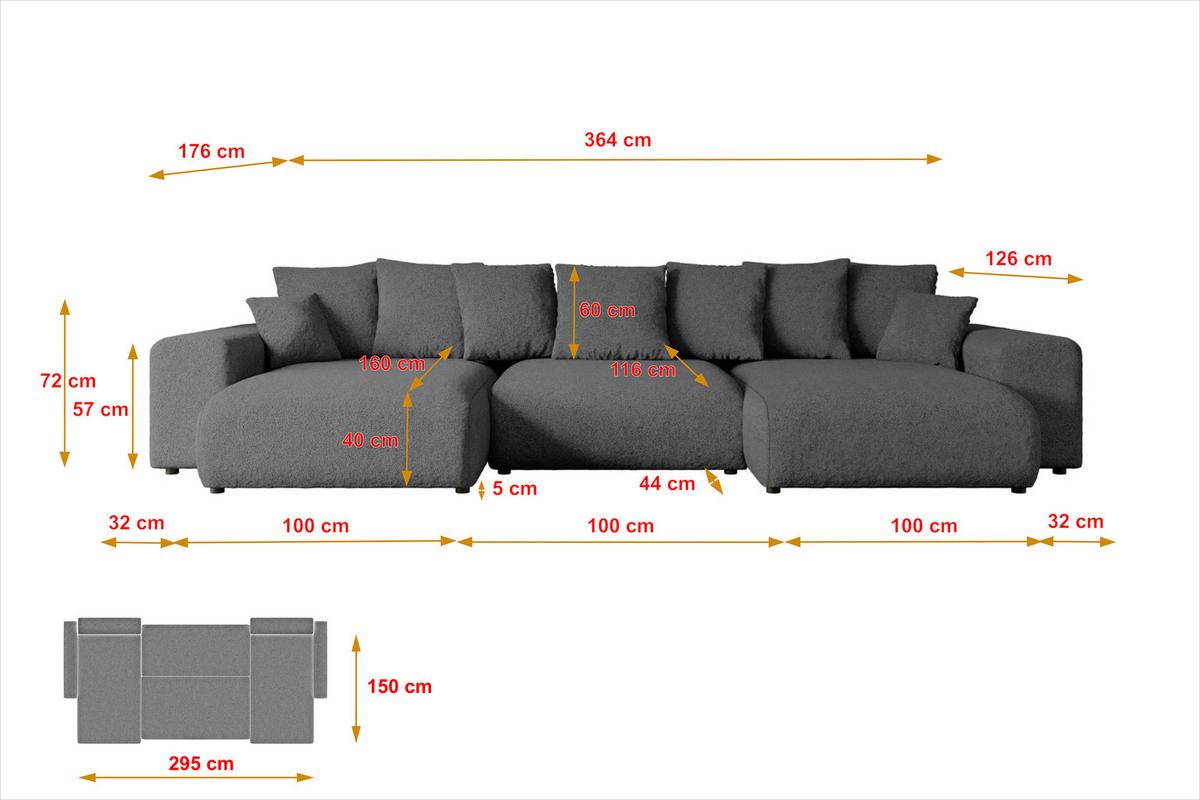 WOHNLANDSCHAFT mit Schlaffunktion ESKAR-U -364x176x72cm Grau Bouclé - Schwarz/Grau, Holzwerkstoff/Kunststoff (364/72/176cm) - ALTDECOR