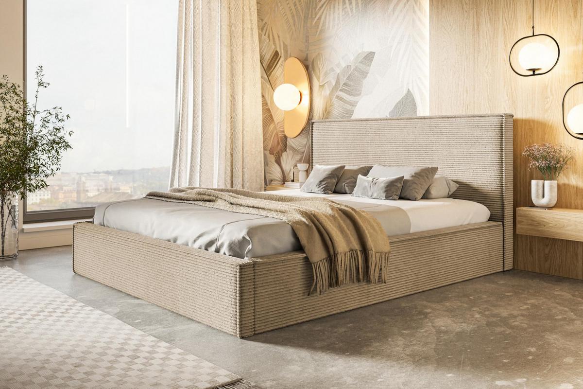 BETT 120x200 - Polsterbett mit Bettkasten und Metallrahmen - Modern Betten - Hochwertiger Poso-Stoff - Kollektion Milano - Dunkelbeige - Beige, Holz/Textil (120/200cm) - Alpi-Möbel
