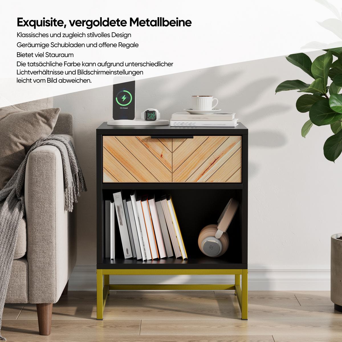 NACHTTISCH 43 cm Schwarz & Natur – Nachtkonsole mit Schublade & Metallbeinen Industrial - Naturfarben, Holzwerkstoff (43/55/40cm) - Urban Meuble