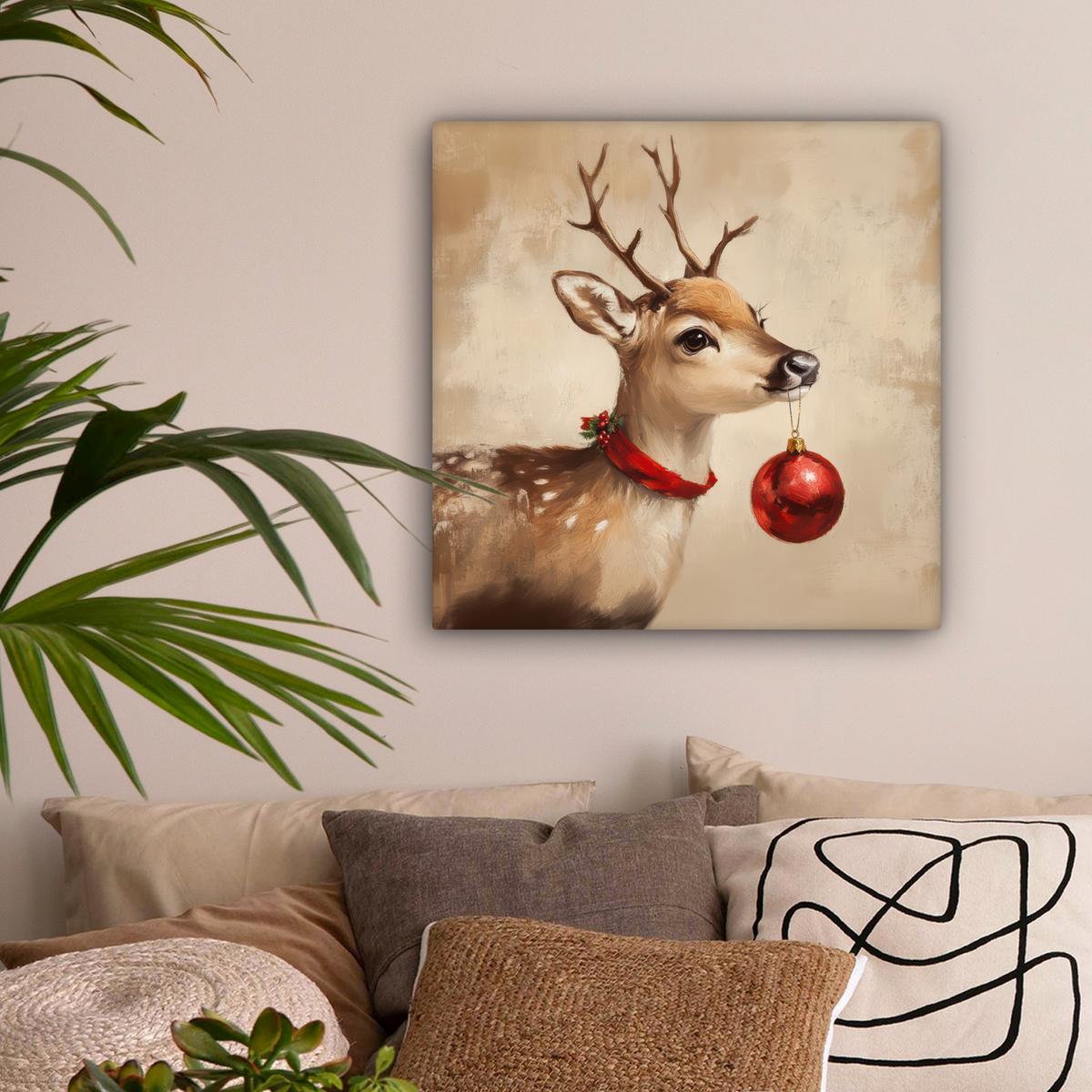 LEINWANDBILD Weihnachten - Hirsch - Geweih - Weihnachtskugel - Rentier Wandbild Wohnzimmer 50x50 cm - Hellbraun, Textil (50/50cm) - MuchoWow