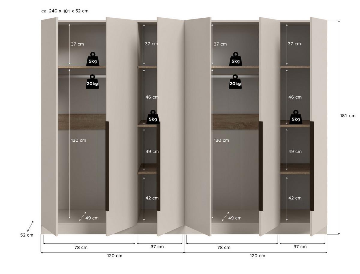 KLEIDERSCHRANK kaschmir 240 x 181 cm, Drehtürenschrank 6-türig - Kaschmir/Schwarz, Holzwerkstoff/Kunststoff (240/181/52cm) - Inn.Furn