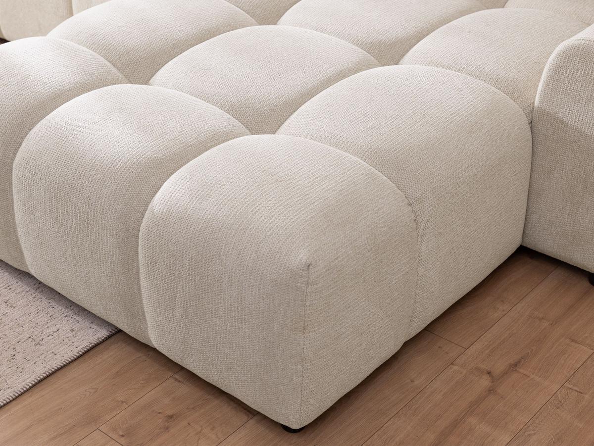 ECKSOFA Bubble mit losen Rückenkissen und Sitzfläche in Bubble-Optik aus weichem Hellbeige Strukturstoff mit schöner Sitzkomfort - Ottomane rechts - Beige/Schwarz, Holz/Kunststoff (306/180cm) - S-Style Möbel