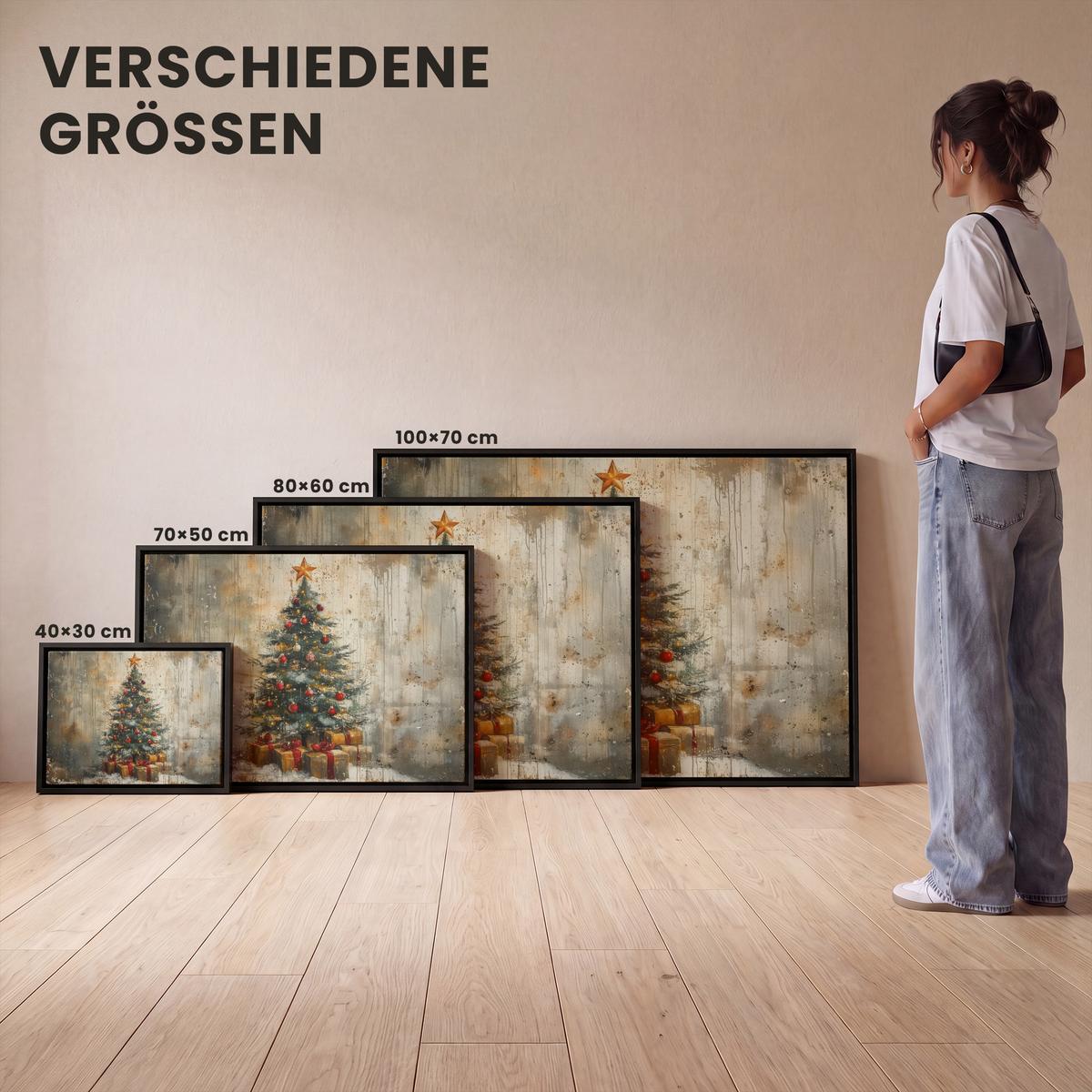 LEINWAND Bilder mit Rahmen - Weihnachtsbaum - Vintage - Weihnachten - Geschenk - 80x60 - Rostfarben, Textil (80/60cm) - MuchoWow