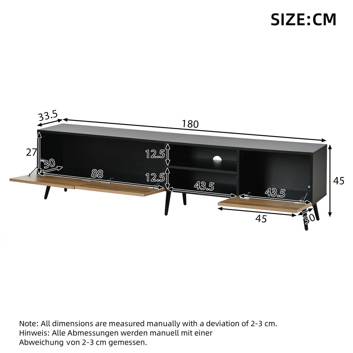 TV-LOWBOARD 180cm Schwarz & Holzoptik für 75 Zoll TV, 3 Türen & Kabelmanagement - Naturfarben, Holzwerkstoff (180/45/33.5cm) - Urban Meuble