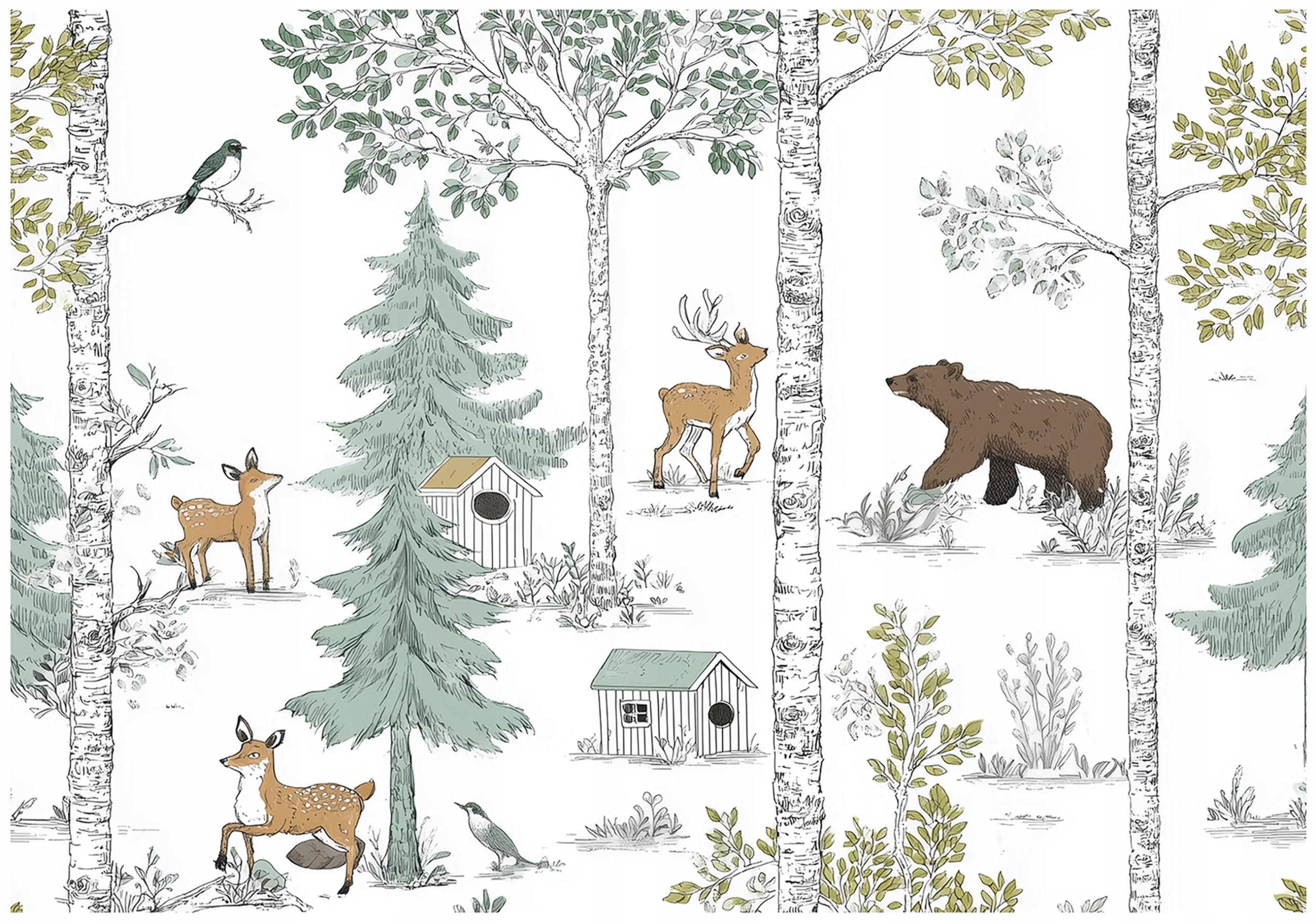 FOTOTAPETE Wald Tiere Grün 350x250 cm - Multicolor, Papier (350/250cm) - Wallarena