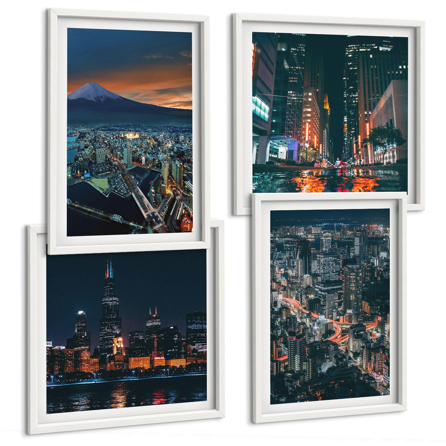BILDER SET 4er Set - 50x50 cm & 40x60 cm Weißer Rahmen - Bergpanorama der Stadt bei Nacht - Weiß, Kunststoff (50/50cm) - TULUP