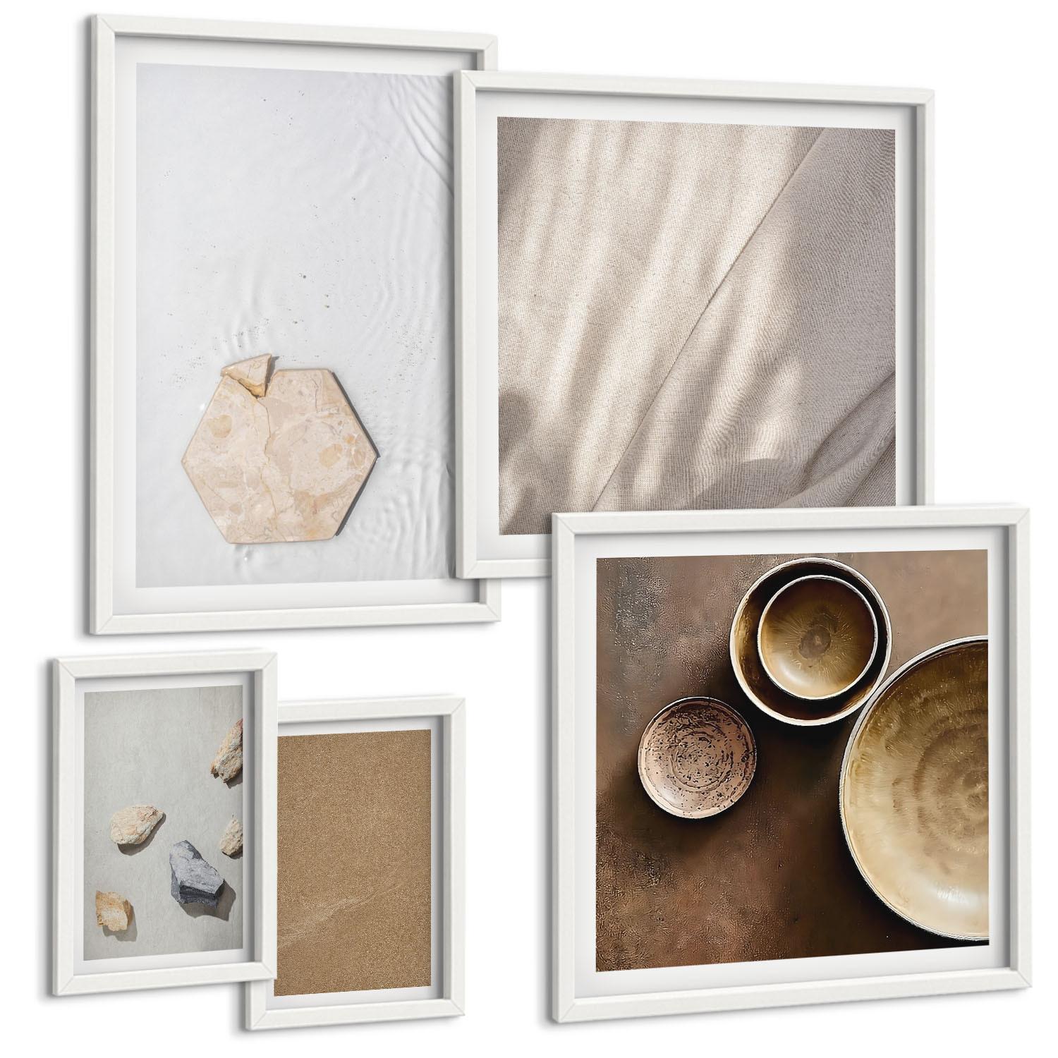 BILDER SET 5er Set - 50x50 cm & 20x30 cm & 40x60 cm Weißer Rahmen - Minimalistische warme Texturen - Weiß, Kunststoff (40/60cm) - TULUP