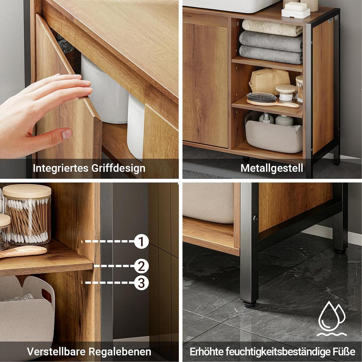 WASCHBECKENUNTERSCHRANK 90cm Breit mit U-Aussparung - Hellbraun, Holzwerkstoff (90/60/30cm) - SoBuy
