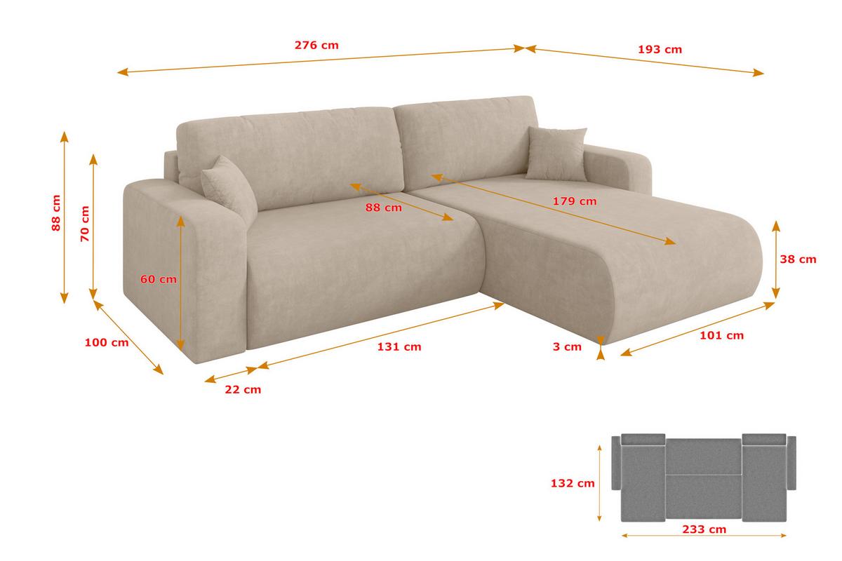 ECKSOFA mit Schlaffunktion Ottomane Rechts BERY-L 276x193x88 Beige Velours - Schwarz/Sahara, Holzwerkstoff/Kunststoff (276/193cm) - ALTDECOR