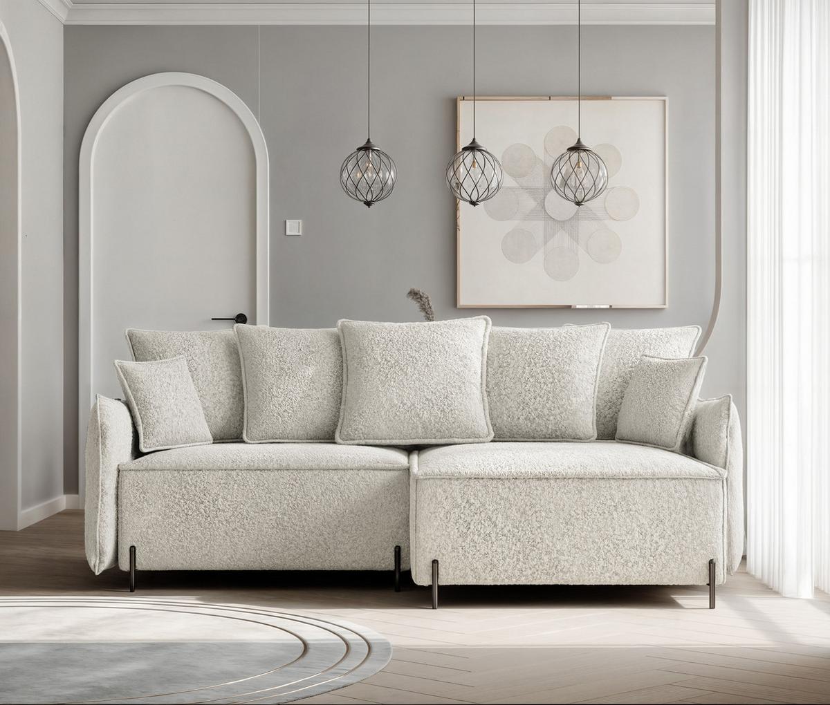 ECKSOFA MARCO Rechts, mit Schlaffunktion und Bettkasten, Creme - Creme, Textil/Metall (221/148cm) - Idohome