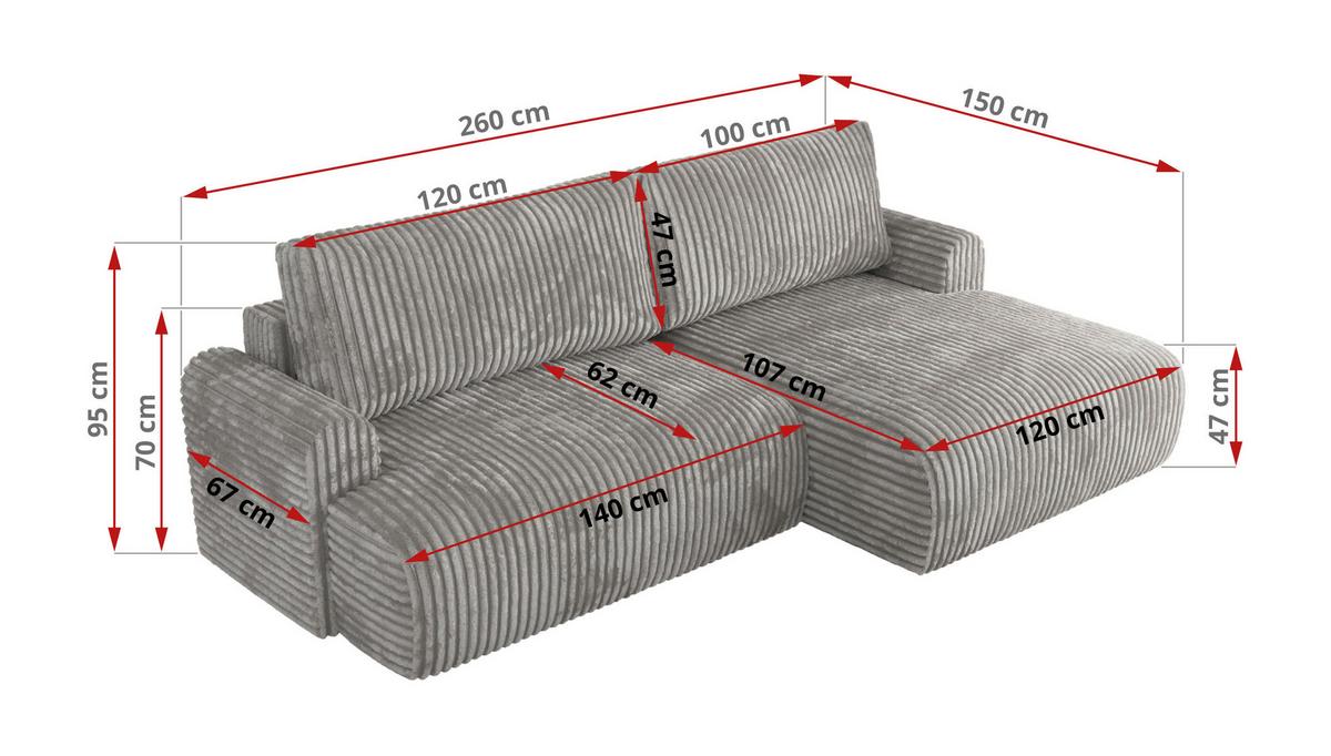 ECKSCHLAFSOFA TONO L Grau Cord - rechts - Schwarz/Grau, Kunststoff/Textil (150/260cm) - MKS