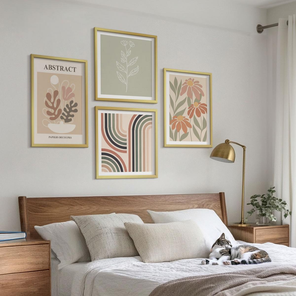BILDER SET 4er Set - 50x50 cm & 40x60 cm Goldrahmen - Abstrakte Pastellpflanzen - Goldfarben, Kunststoff (50/50cm) - TULUP