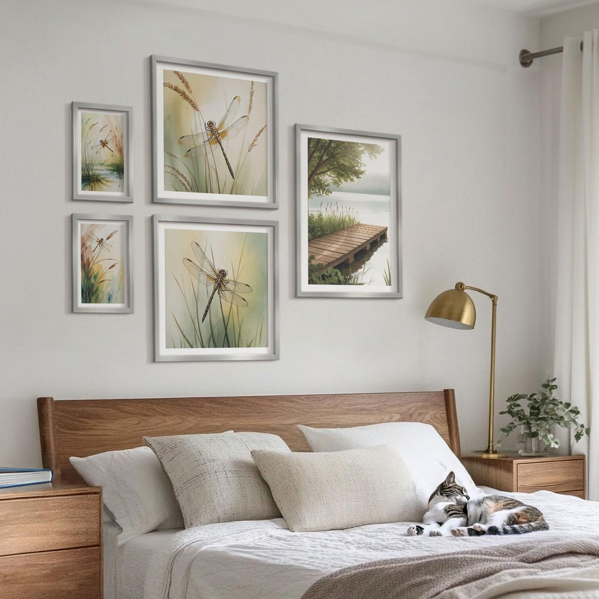 BILDER SET 5er Set - 50x50 cm & 20x30 cm & 40x60 cm Silberner Rahmen - Libellengräser über dem Wasser - Silberfarben, Kunststoff (40/60cm) - TULUP