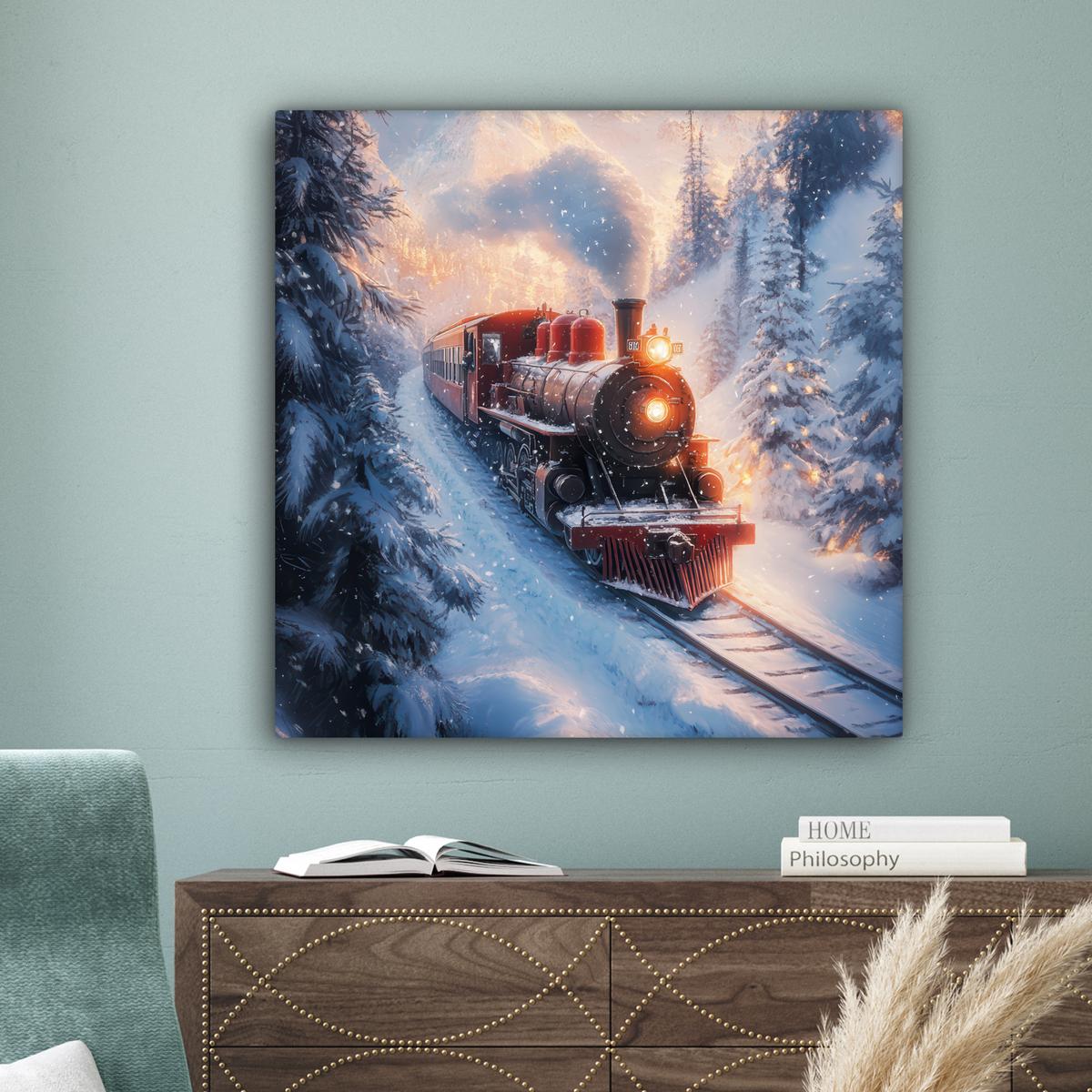 LEINWANDBILD Weihnachtszug - Schnee - Winter - Weihnachten Deko Groß 90x90 cm - Dunkelrot, Textil (90/90cm) - MuchoWow